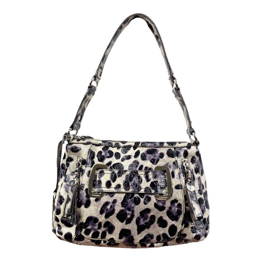 B. Makowsky Shiny Leopard Print Genuine Leather Satchel Handbag Purse